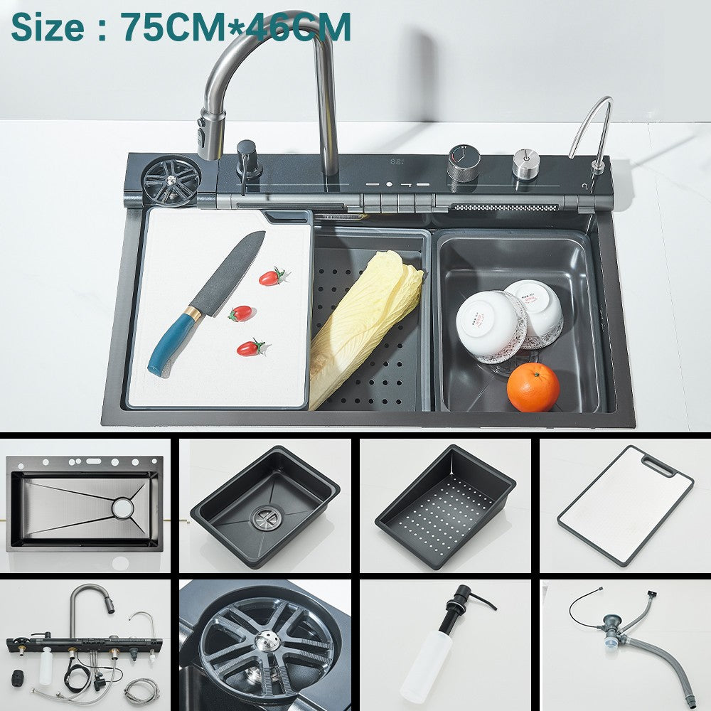 Multifunctional Kitchen Waterfall Sink Digital Display Large Single Gray Sink Dish Basin Sink 304 Stainless Steel