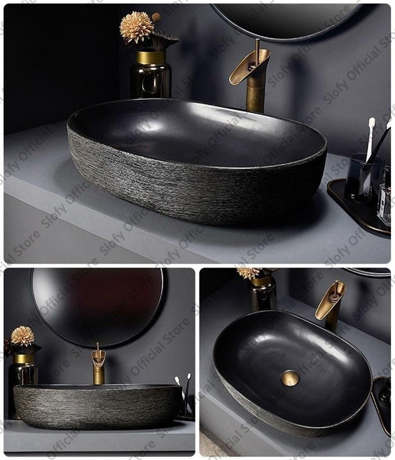 Retro Art Ceramic Sink Multiple Styles Black Washbasin Single Bowl Low-Key Luxury Countertop Basins For Household Hotel Bathroom