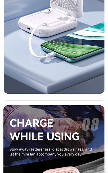 Folding Mini Cooling Air Fan Mobile Phone Holder Power Bank 3000mAh USB Rechargeable Cooling Handheld Desktop Fan with Lanyard