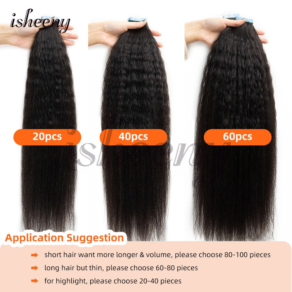 Apliques de Cabelo Humano Kinky Straight com Fita Invisível 12"-20" Preto Natural Cabelo Remy Verdadeiro com Fita Fácil de Usar para Mulheres