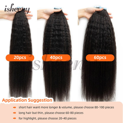 Apliques de Cabelo Humano Kinky Straight com Fita Invisível 12"-20" Preto Natural Cabelo Remy Verdadeiro com Fita Fácil de Usar para Mulheres