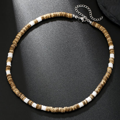 Colar Masculino Artesanal de Contas de Madeira e Argila Colar Fashion Vintage Africano de Contas Brancas para Homens Colar de Surfista de Praia Joias Tribais