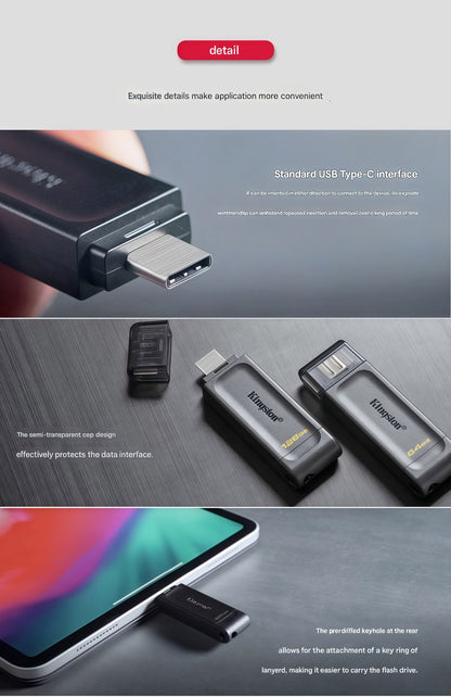 Unidade flash USB 3.2 Gen1 Tipo C de alta capacidade Kingston, preta, compatível com Android, Apple, carro, celulares e PC