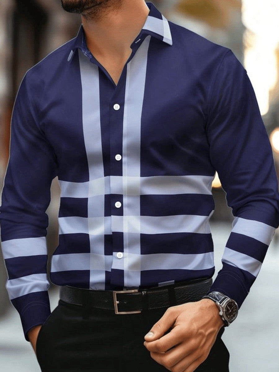New men's spring-autumn check buttoned shirt - luxurious long-sleeved check shirt, large-sized lapel casual business blouse