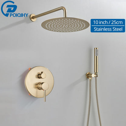Brushed Gold Shower Faucet Embedded In 2 Ways Shower Mixers Wall Mounted Rainfall Bathroom Shower Tap Stainless Steel Head