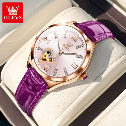 OLEVS 6636 Luxury Women Watch Fully Automatic Hollow Design Diamond Heart shaped Watch Elegant Mechanical Women Bracelet Watch