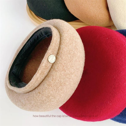 Women French Art Retro Wool Felt Autumn Solid Colors Warm Winter Beanie Hat Beret Cap For Female