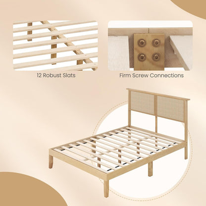 Full Size Wood Platform Bed Frame with Rattan Headboard, Boho Rubber Wood Bed Frame with Plywood Slats & Under-Bed Stora
