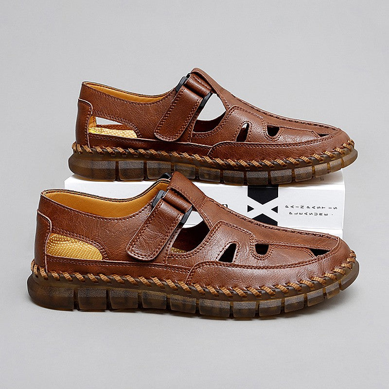 Mens Handmade Casual Leather Sandals Classic Men Beach Shoes Summer Outdoor Walking Male Sneaker Breathable Man Hollow Out Flats
