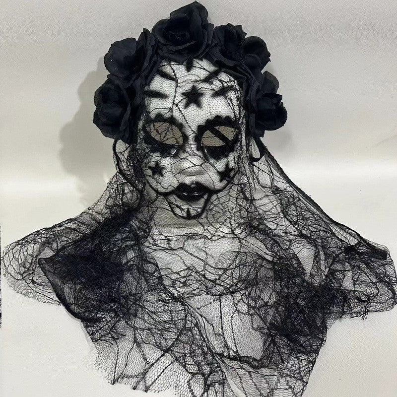 Gothic Bride Skull Mask, Black Veil & Rose Decorated Full Face Mask for Halloween, Cosplay and Party