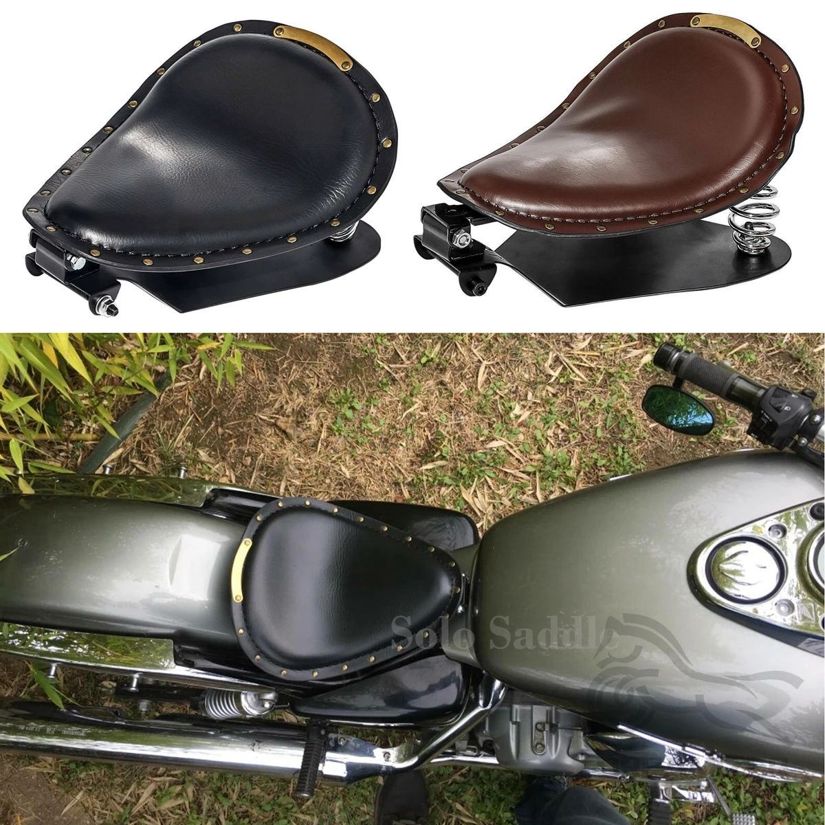 1 CONJUNTO de Assento Solo de Couro Retrô para Motocicleta + Suporte de Mola de 3" para Harley Custom Chopper Sportster Para Bobber Para Honda Para Yamaha