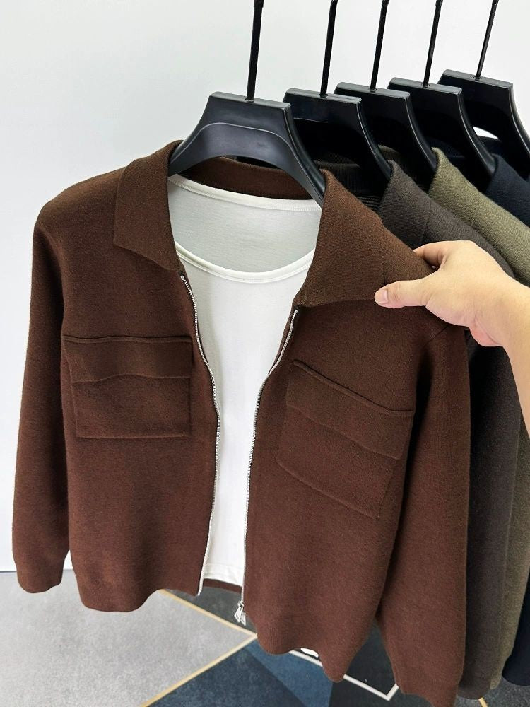 Premium Zipper Collar Wool Cardigan Men's Casual Coat Autumn/Winter Luxury Pocket Design Solid Color Casual Warm Sweater Jacket