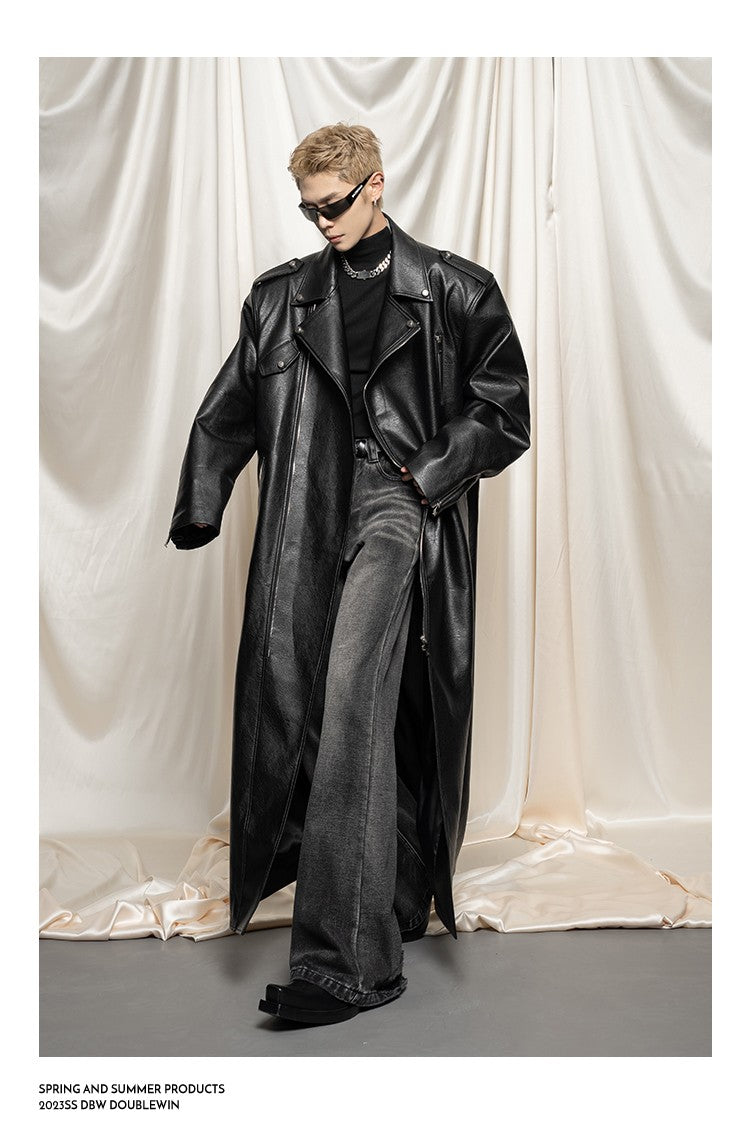 Mauroicardi Spring Autumn Oversized Cool Extra Long Black Pu Leather Trench Coat Men Zipper Loose Luxury European Fashion 2023