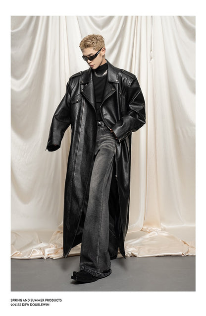 Mauroicardi Spring Autumn Oversized Cool Extra Long Black Pu Leather Trench Coat Men Zipper Loose Luxury European Fashion 2023