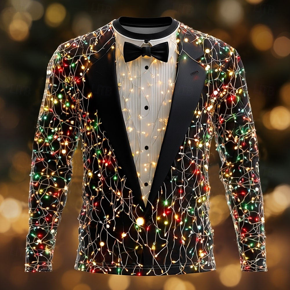 2025 Christmas Men's Christmas Costume Tuxedo T Shirt Long Sleeve T shirts 3D Print Crew Neck Shirt Daily Vacation Party Wear