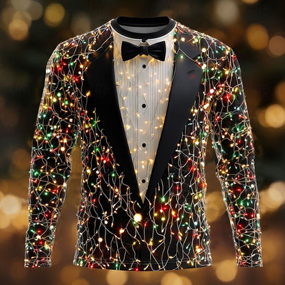 2025 Christmas Men's Christmas Costume Tuxedo T Shirt Long Sleeve T shirts 3D Print Crew Neck Shirt Daily Vacation Party Wear