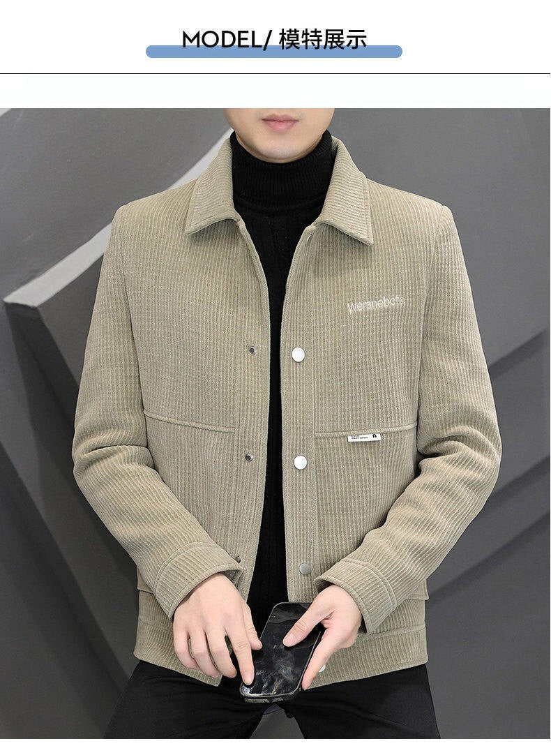 Men's Fleece-Lined Thickened Warm Casual Jacket New Turn-Down Collar Trendy Short Wool Coat Woolen Overcoat