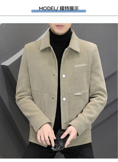 Men's Fleece-Lined Thickened Warm Casual Jacket New Turn-Down Collar Trendy Short Wool Coat Woolen Overcoat