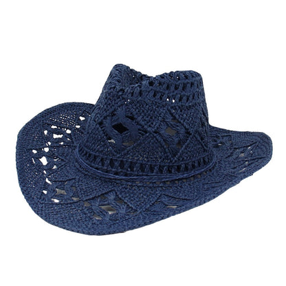 Chapéus de Sol Femininos de Praia de Verão com Lantejoulas de Estrela da Lua, Estilo INS, Chapéu de Sol de Palha Vazado Boêmio Ocidental Estilo Cowgirl