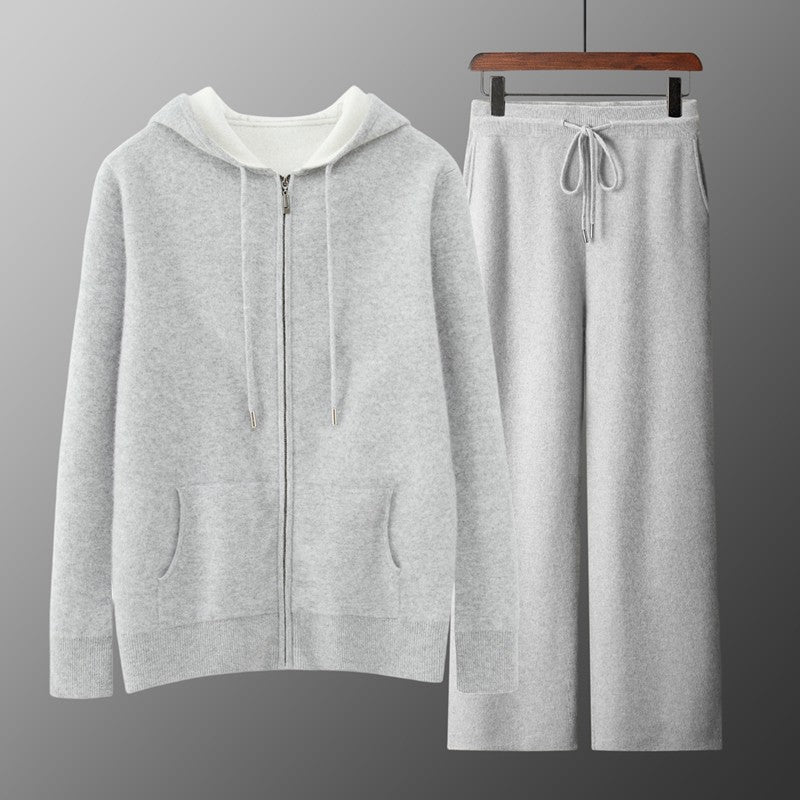 ADDONEE Men's 100% Wool Hoodie Cardigan Straights Leg Pants Set Autumn Winter Thick Cashmere Knitwear Sweater Trousers Suit