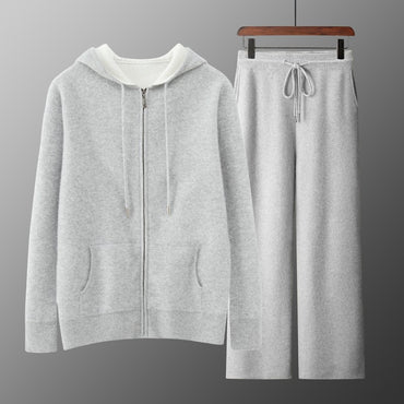 ADDONEE Men's 100% Wool Hoodie Cardigan Straights Leg Pants Set Autumn Winter Thick Cashmere Knitwear Sweater Trousers Suit