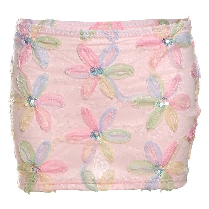 Weird Puss Colorful Flowers Skirts Women Sequins Patchwork Mesh Summer Trend Sweet Street Party Casual Holiday Chic Mini Bottoms