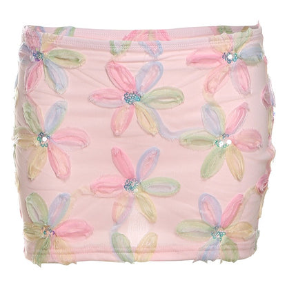 Weird Puss Colorful Flowers Skirts Women Sequins Patchwork Mesh Summer Trend Sweet Street Party Casual Holiday Chic Mini Bottoms