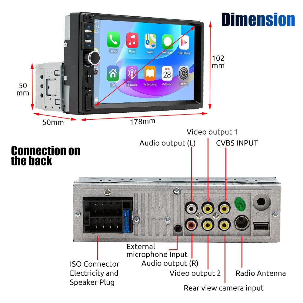 7 Inch 1 Din MP5 CarPlay Car Radio Multimedia Player Touch Screen FM ISO Power Aux Input Bluetooth USB Mirror Link Universal