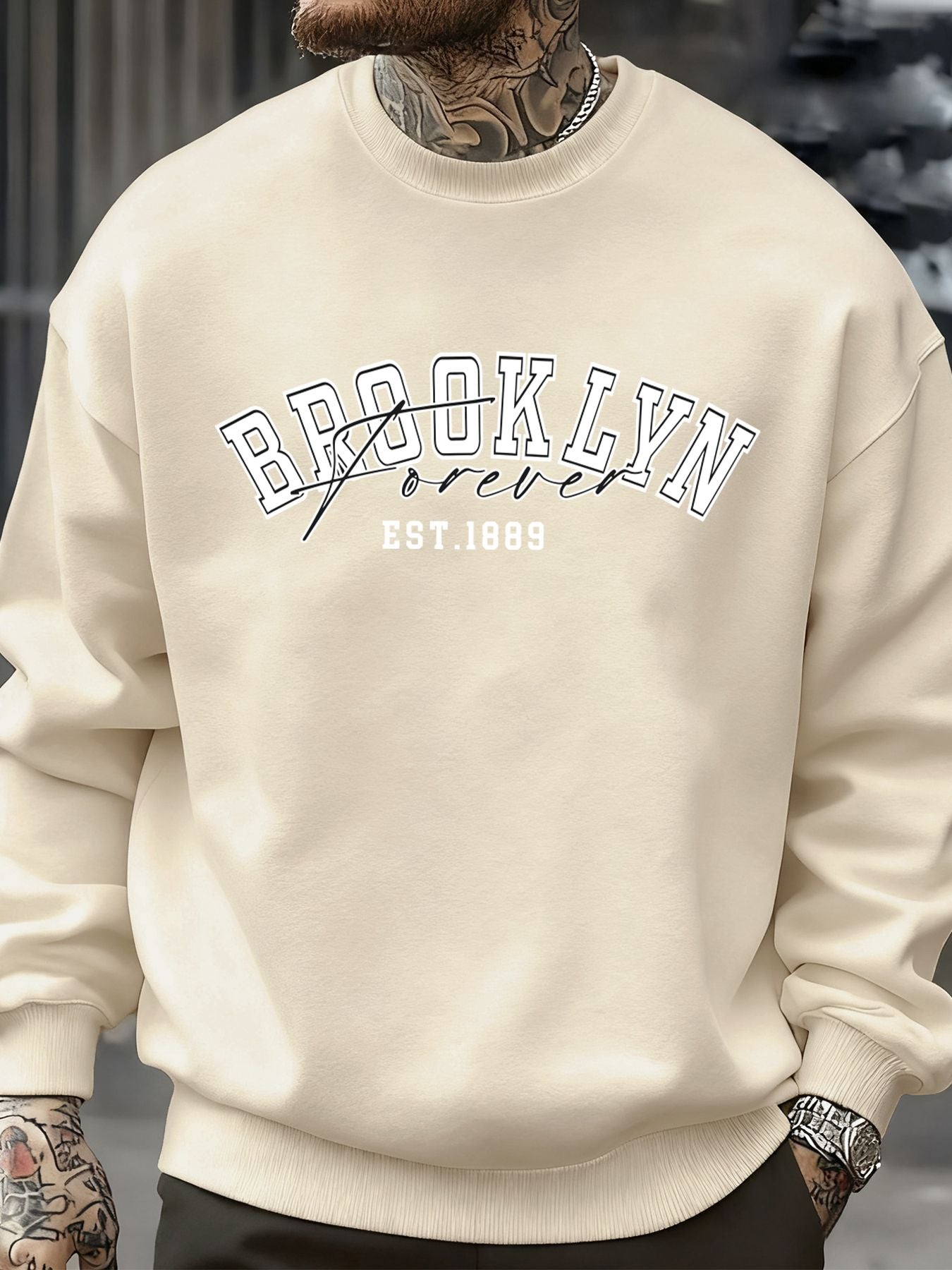 Brooklyn Forever Letter Design Men Sweatshirt Fleece Soft Clothes Trendy Loose All-Match Streetwear Crewneck Fashions Pullover