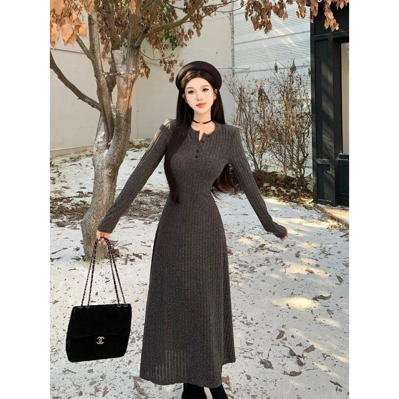 Long Sleeve Dresses Women Solid Slim Basic Mid-length All-match Elegant Autumn Winter Vestidos Female Defined Waist Knitting New