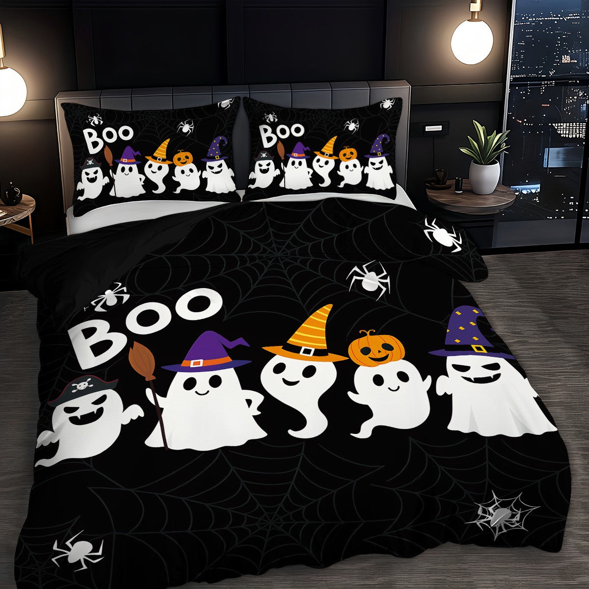 3 capas de edredom fofas de fantasma de Halloween, 1 capa de edredom + 2 fronhas, sem enchimento. Conjunto de cama macio e confortável, lavável à máquina
