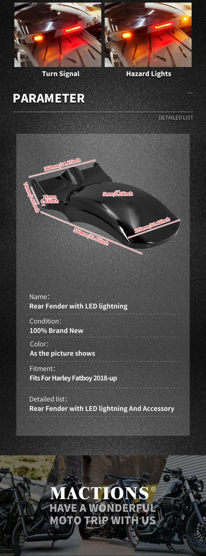 Motorcycle Rear Fender Mudguard Cover With LED Turn Signal Brake Light For Harley Softail Breakout Fat Boy FXDR 2018-2023 Black