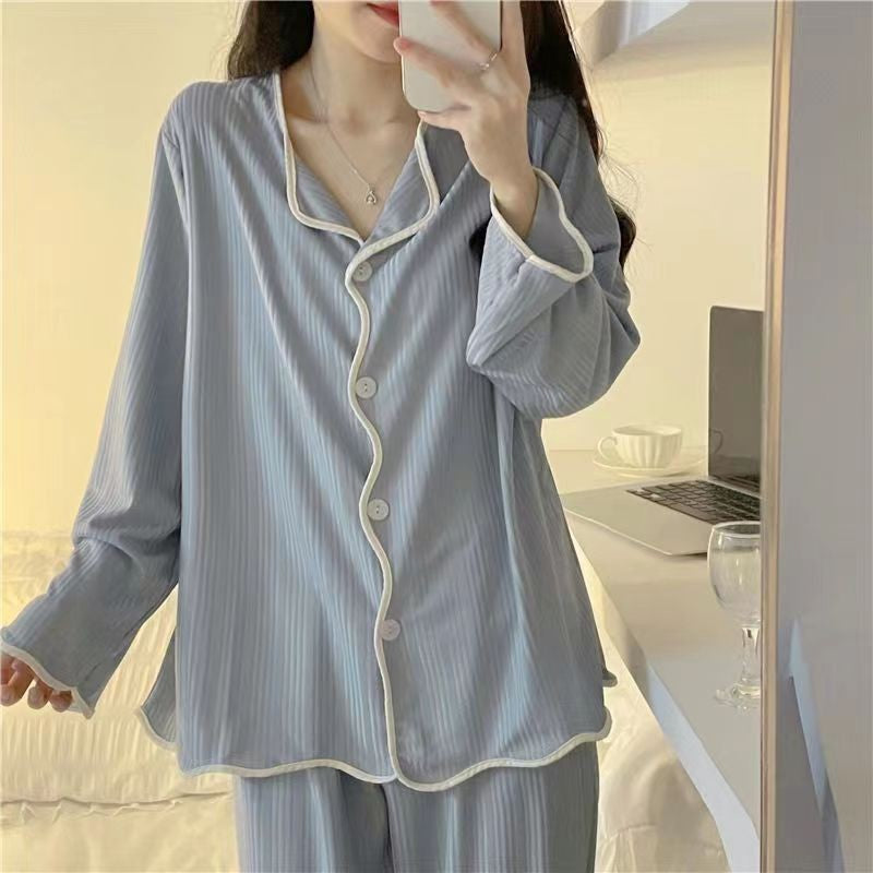 Ins style women's simple long sleeved long pants pajama set Spring/Autumn girl style solid color sweet cardigan home suit set