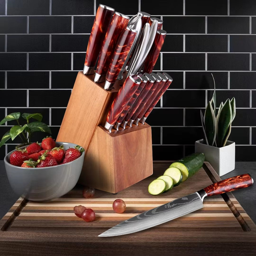 Conjunto de Facas de Cozinha 15 Peças Com Bloco de Madeira, Faca Profissional de Chef em Aço com Padrão de Damasco a Laser, Com Tesoura e Afiador