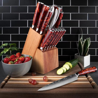 Conjunto de Facas de Cozinha 15 Peças Com Bloco de Madeira, Faca Profissional de Chef em Aço com Padrão de Damasco a Laser, Com Tesoura e Afiador