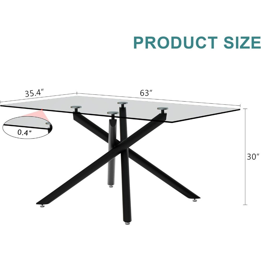Rectangular Black Glass Dining Table, 63 Long, Seats 6-8, Tempered Glass Surface, Metal Frame, Suitable for Kitchen or Dining Ar