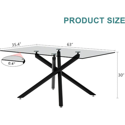 Rectangular Black Glass Dining Table, 63 Long, Seats 6-8, Tempered Glass Surface, Metal Frame, Suitable for Kitchen or Dining Ar