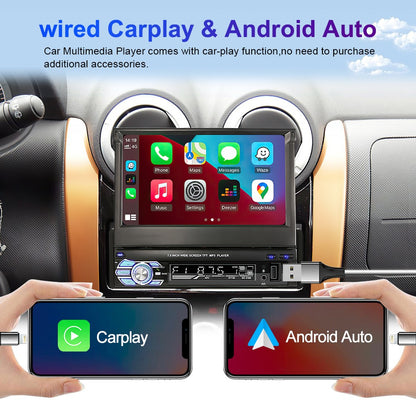 LEHX 1 Din 7inch IPS Retractable Screen Car Radio  Multimedia Player Universal Audio Video Wired CarPlay Android Auto