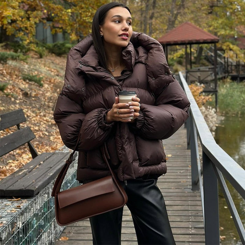 Casual Hooded Padded Jackets Women's Loose Full Sleeves Zipper Pockets Stand Collar Coats 2025 New Autumn Winter Ladies Outwear