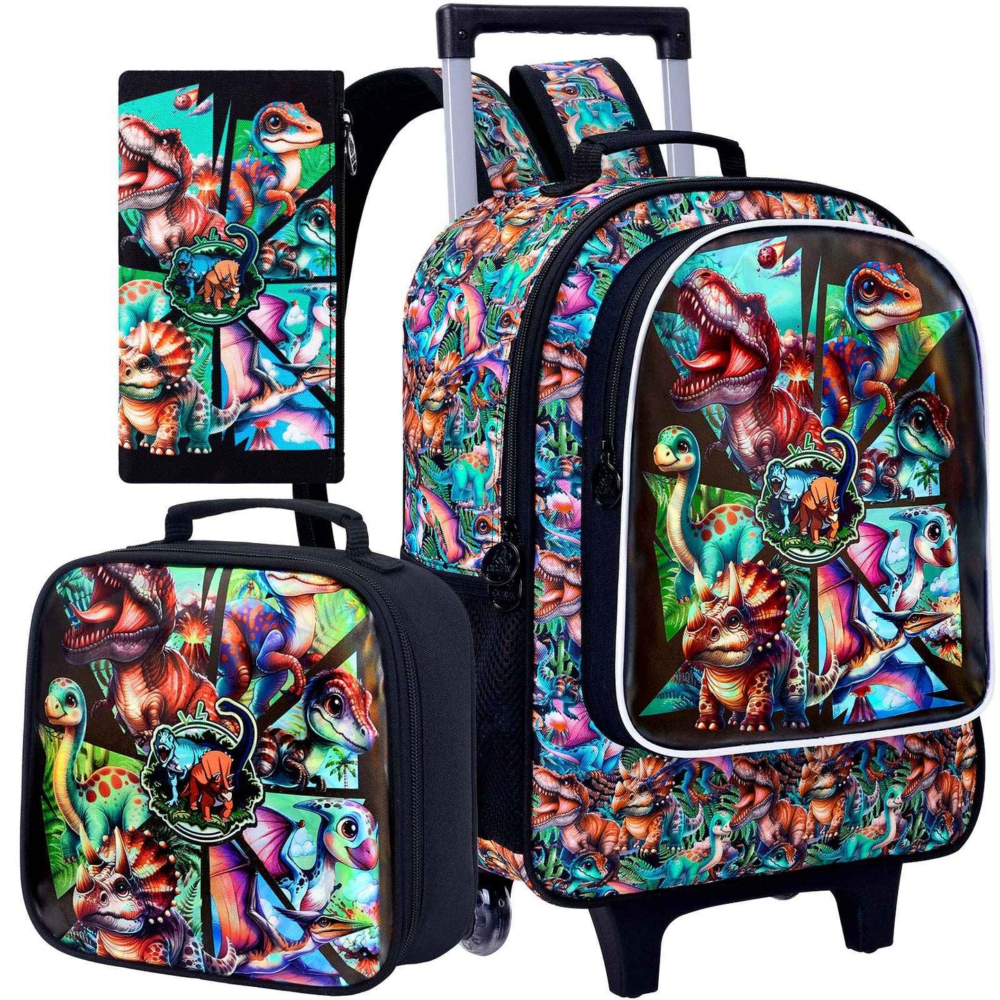 3Pcs Dinosaur Rolling Backpack for Boys, Kids School Backpacks with Wheels, Roller Bookbag for Elementary Preschool(Green)