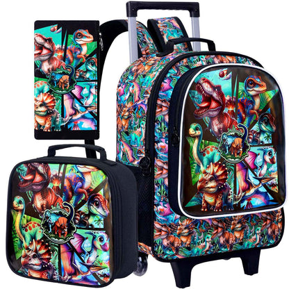 3Pcs Dinosaur Rolling Backpack for Boys, Kids School Backpacks with Wheels, Roller Bookbag for Elementary Preschool(Green)