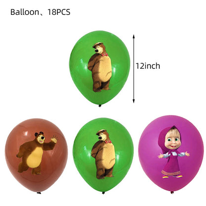 Masha and The Bear Theme Birthday Party Supplies Girls Masha Tableware Set Balloons Plates Cups for Kids Party Baby Shower Decor