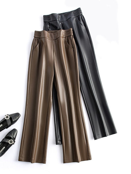 Black Genuine Leather Pants Women Sheepskin Straight Pants Spring Autumn High Waist Belt Loose Real Leather Casual Trousers