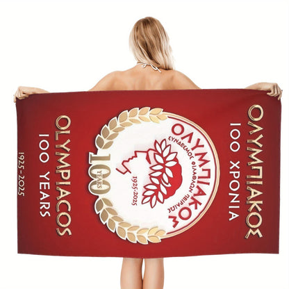 Olympiacos 100th Anniversary Themed Microfiber Beach Towel - Contemporary Design with Red & Golden Laurel Wreath Logo