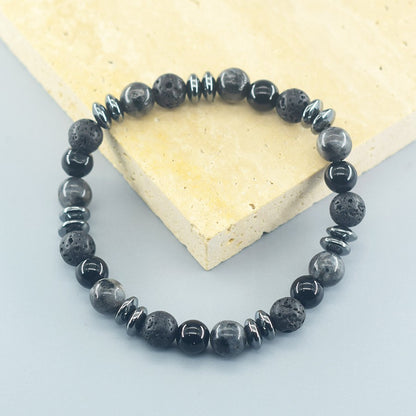 Pulseira Clássica Preta de Contas de Pedra Vulcânica Labradorita Natural, Joia Masculina e Feminina de Proteção Espiritual e Equilíbrio Energético