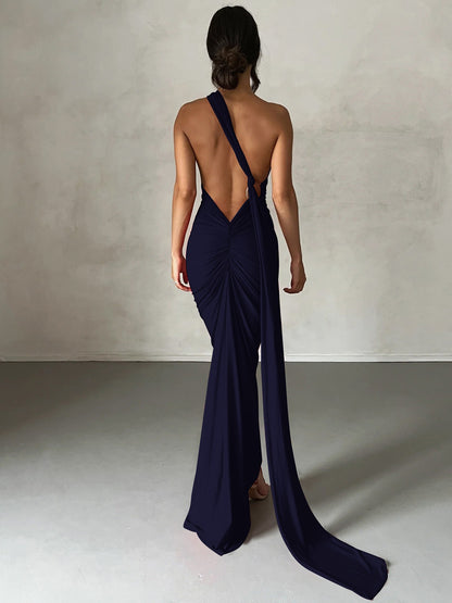 Hugcitar One Shoulder Backless Adjustable Scarf Loop Ruched Sexy Maxi Dress Wome