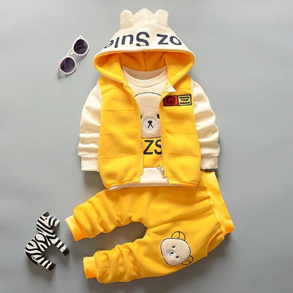 Boy Girl Winter Cartoon Set Baby Autumn Thick Warm Suit Infant Hooded Jackets+Pullovers+Pants 3Pcs Outfits Kids Fleece Clothes
