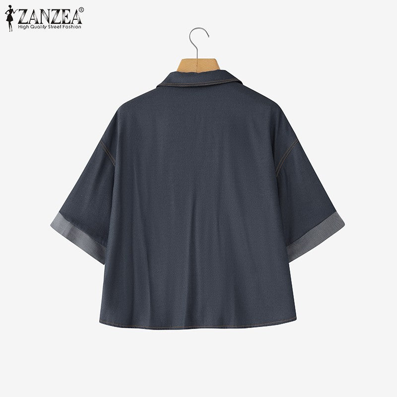 ZANZEA Denim Cardigan Shirts Women Elegant Office Blusas Casual Lapel Neck Outwears 2025 Half Sleeve Solid Color Fashion Tunic