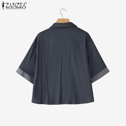 ZANZEA Denim Cardigan Shirts Women Elegant Office Blusas Casual Lapel Neck Outwears 2025 Half Sleeve Solid Color Fashion Tunic