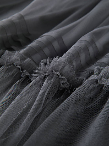 DUSHU Three-color Ruffled Mesh Skirt Women Pleated Mesh Straight Skirt Fairy Retro Gothic Cool Girls Elastic Waist Loose Fit